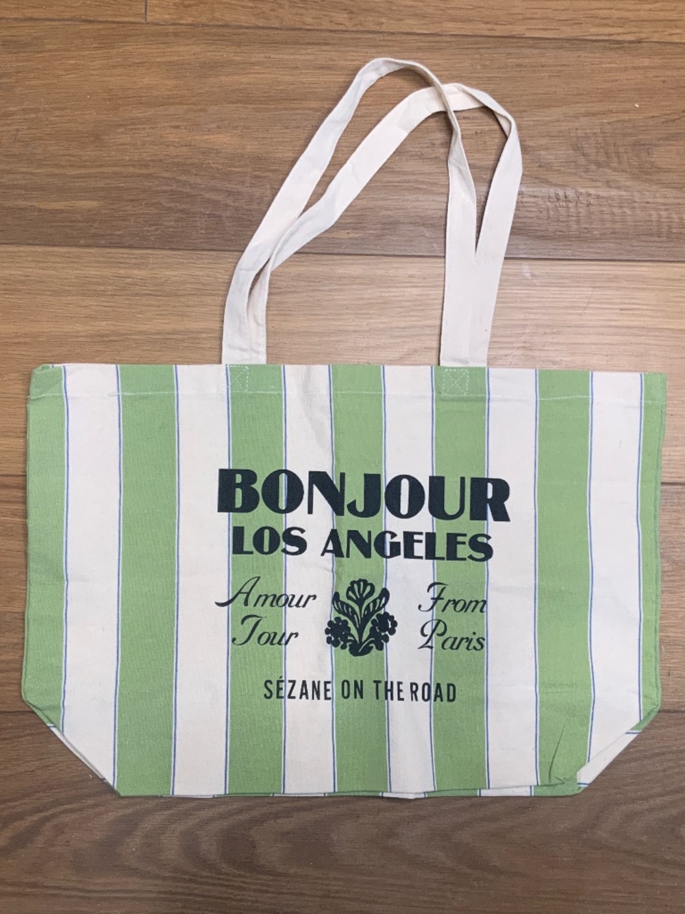 Sezane New Bonjour Los Angeles Green and Cream Fabric Tote bag